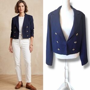 House of Harlow 1960 Navy Blue Linen Cropped Blazer Size Medium
